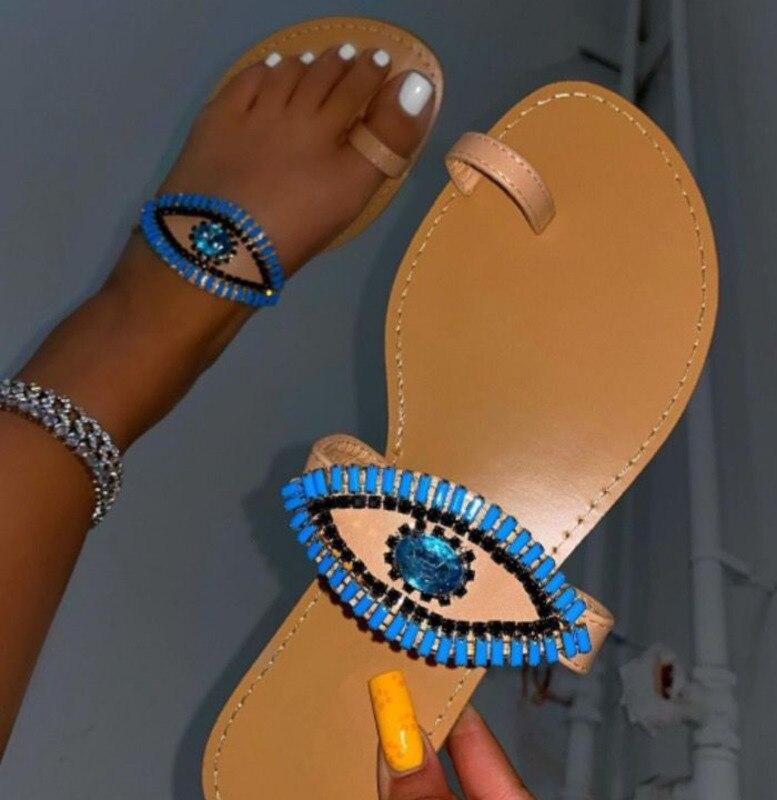 Female Rhinestone Eyes Slides Fashion Round Toe Flat Slippers - Cart2u.ro