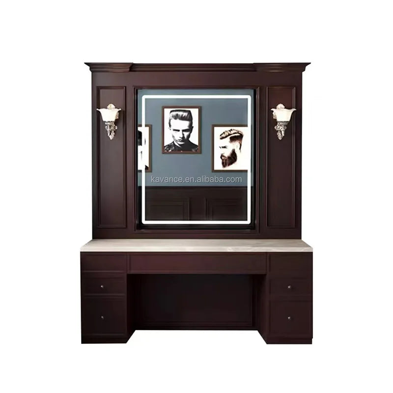 Barbershop Mirror Station with Integrated Storage Space for Salon