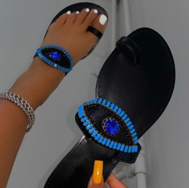 Female Rhinestone Eyes Slides Fashion Round Toe Flat Slippers - Cart2u.ro
