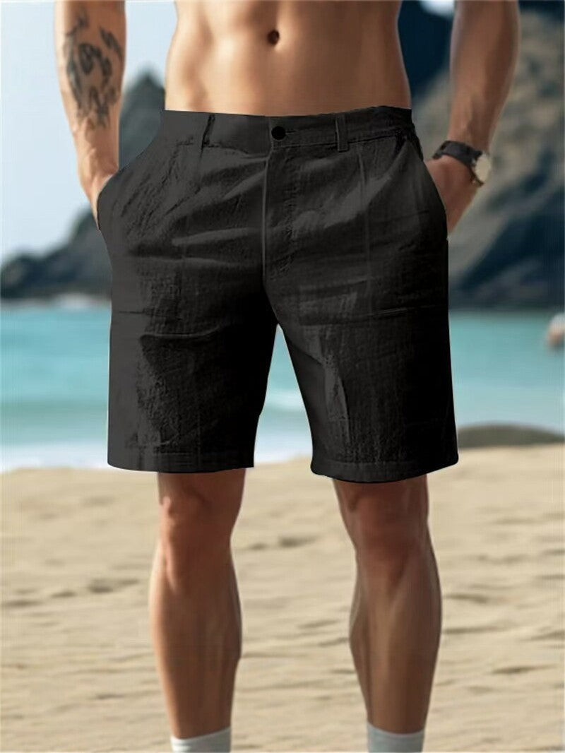 Men's Summer Cotton and Linen Shorts, Solid Color Casual Beach Shorts, - Cart2u.ro