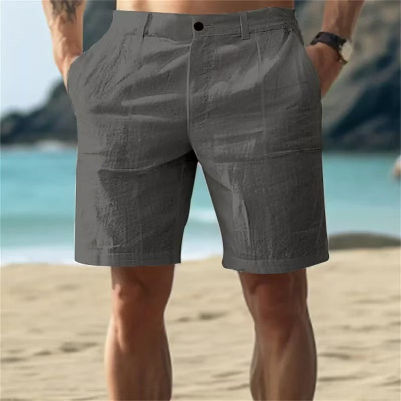 Men's Summer Cotton and Linen Shorts, Solid Color Casual Beach Shorts, - Cart2u.ro