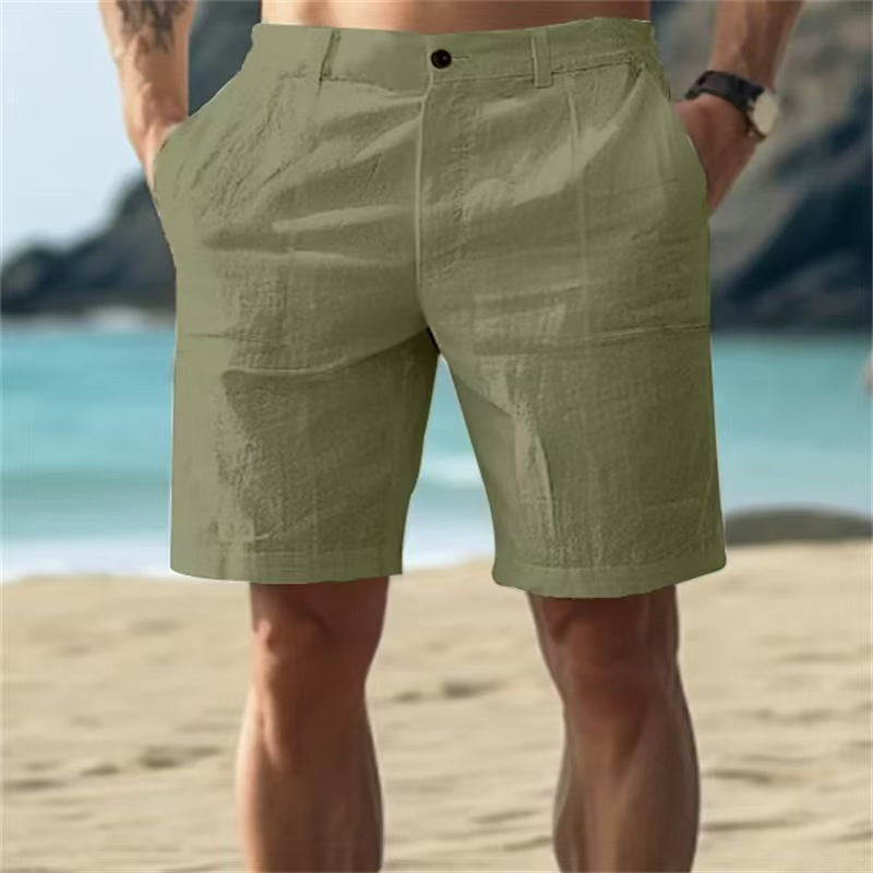 Men's Summer Cotton and Linen Shorts, Solid Color Casual Beach Shorts,