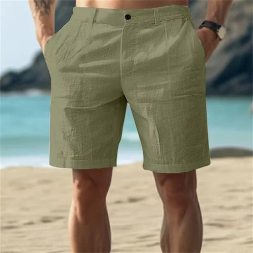 Men's Summer Cotton and Linen Shorts, Solid Color Casual Beach Shorts,