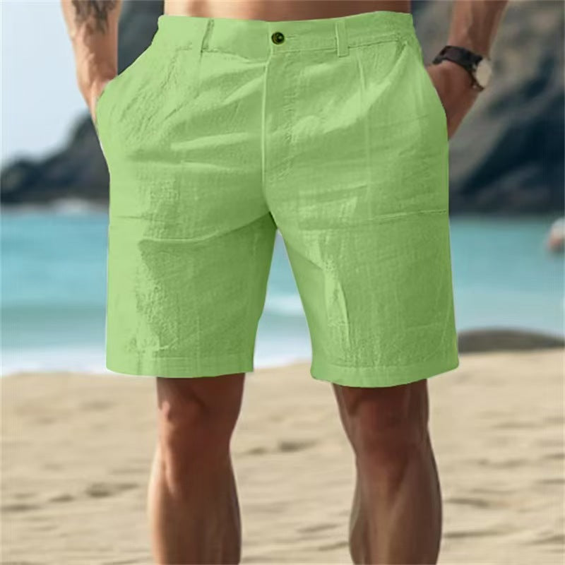 Men's Summer Cotton and Linen Shorts, Solid Color Casual Beach Shorts,