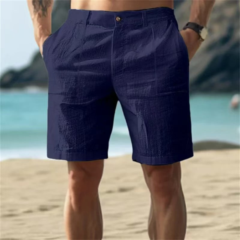 Men's Summer Cotton and Linen Shorts, Solid Color Casual Beach Shorts,
