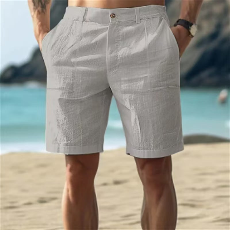 Men's Summer Cotton and Linen Shorts, Solid Color Casual Beach Shorts,