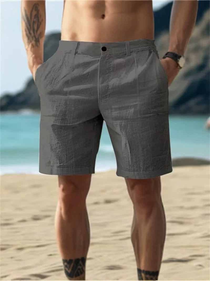Men's Summer Cotton and Linen Shorts, Solid Color Casual Beach Shorts,