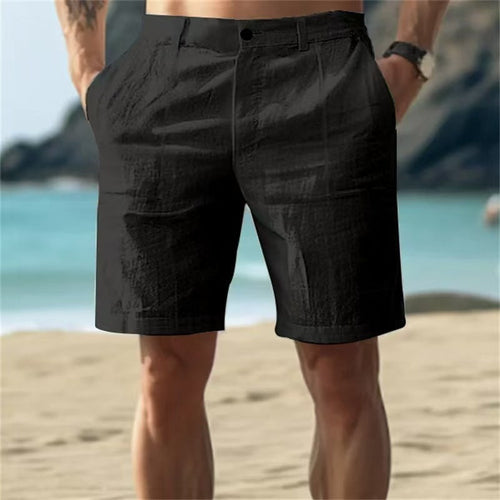 Men's Summer Cotton and Linen Shorts, Solid Color Casual Beach Shorts,