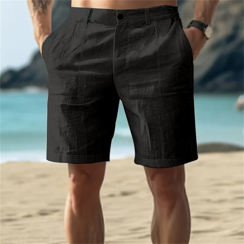 Men's Summer Cotton and Linen Shorts, Solid Color Casual Beach Shorts,