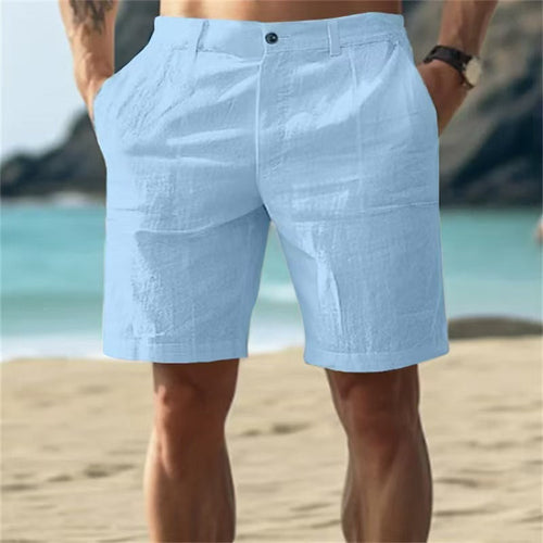 Men's Summer Cotton and Linen Shorts, Solid Color Casual Beach Shorts,