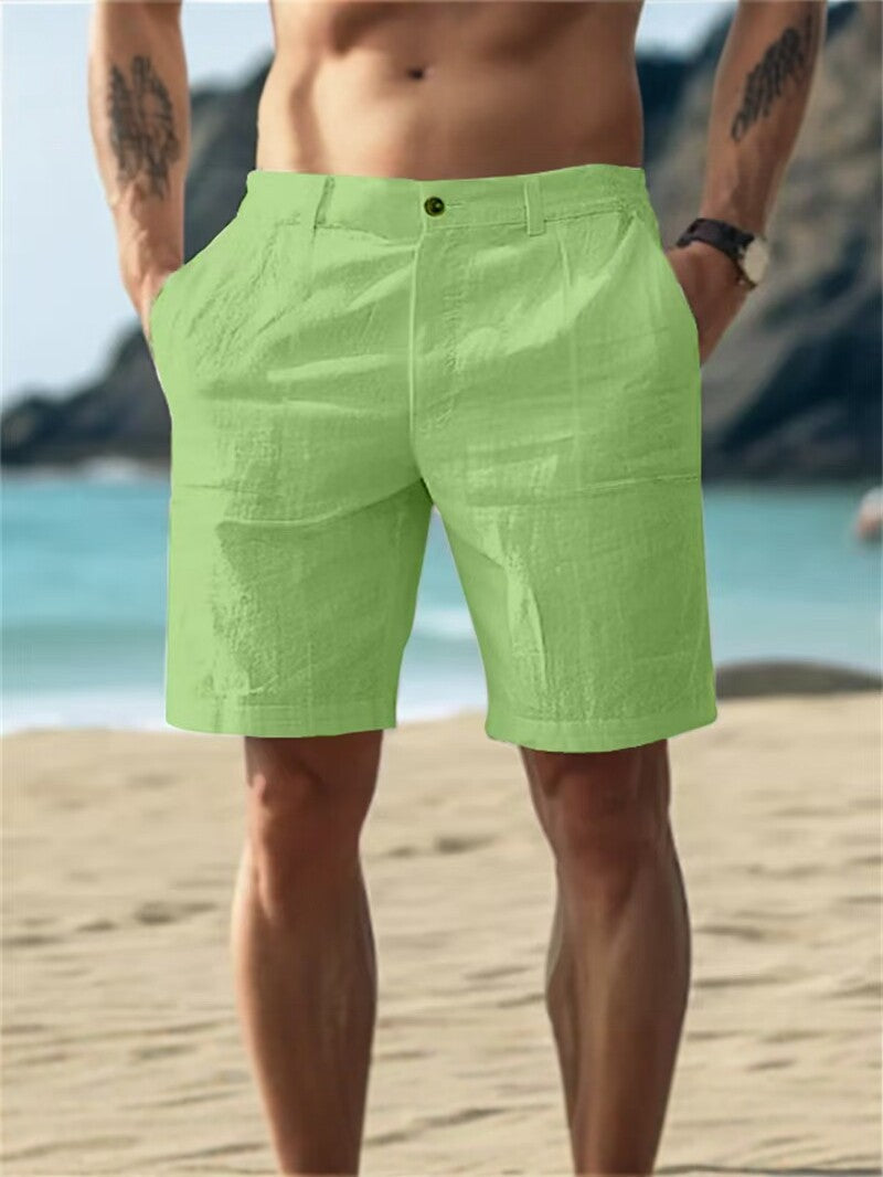 Men's Summer Cotton and Linen Shorts, Solid Color Casual Beach Shorts,