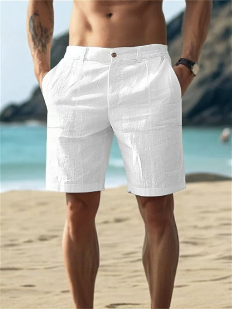 Men's Summer Cotton and Linen Shorts, Solid Color Casual Beach Shorts,