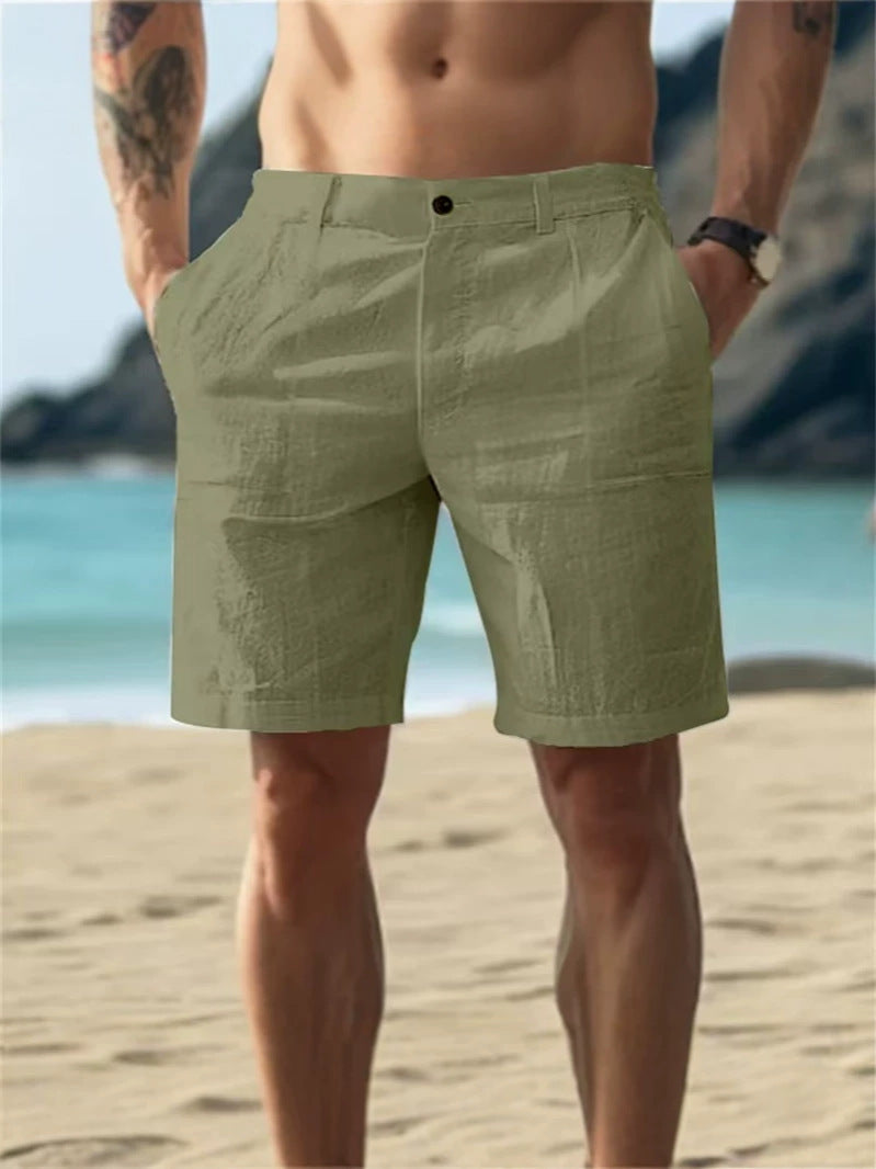 Men's Summer Cotton and Linen Shorts, Solid Color Casual Beach Shorts,