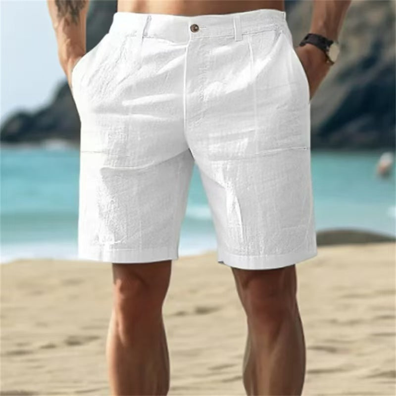 Men's Summer Cotton and Linen Shorts, Solid Color Casual Beach Shorts,