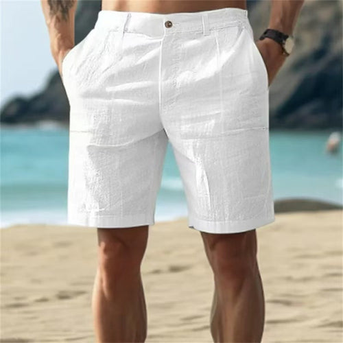 Men's Summer Cotton and Linen Shorts, Solid Color Casual Beach Shorts,