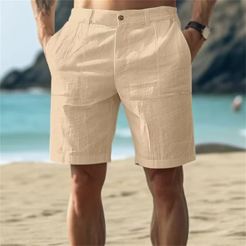 Men's Summer Cotton and Linen Shorts, Solid Color Casual Beach Shorts,