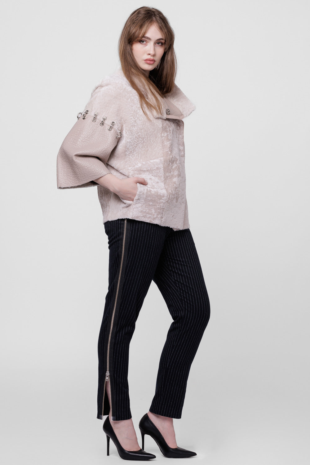 Poncho din Piele si Blană Naturală Shearling, Femei, Pearl 300 Mareus