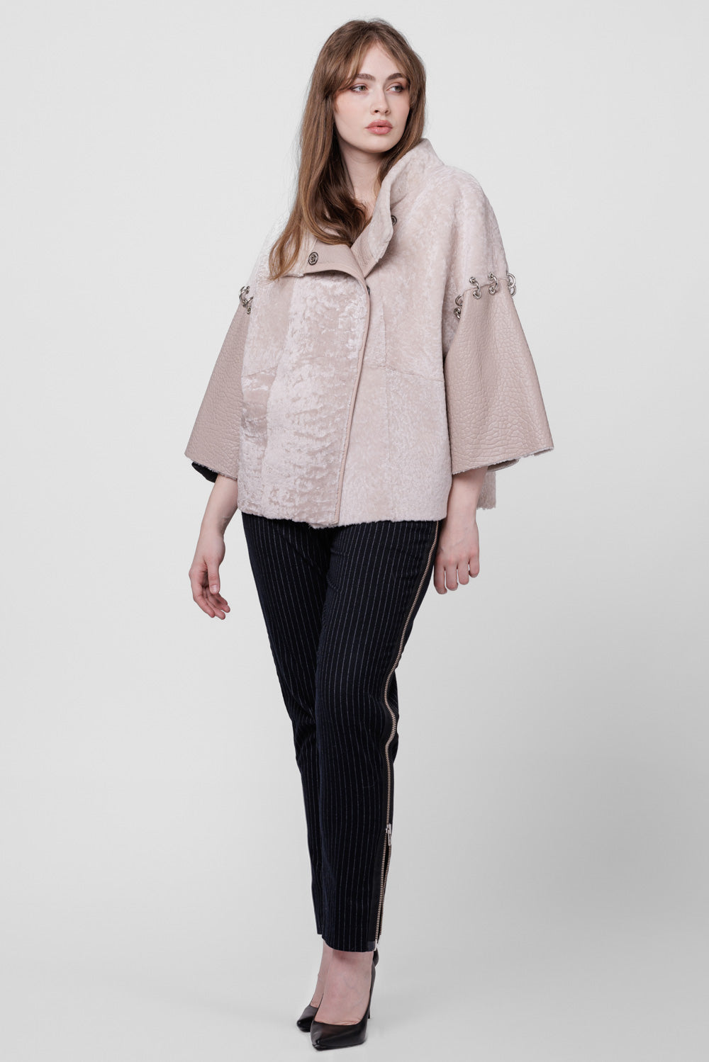 Poncho din Piele si Blană Naturală Shearling, Femei, Pearl 300 Mareus