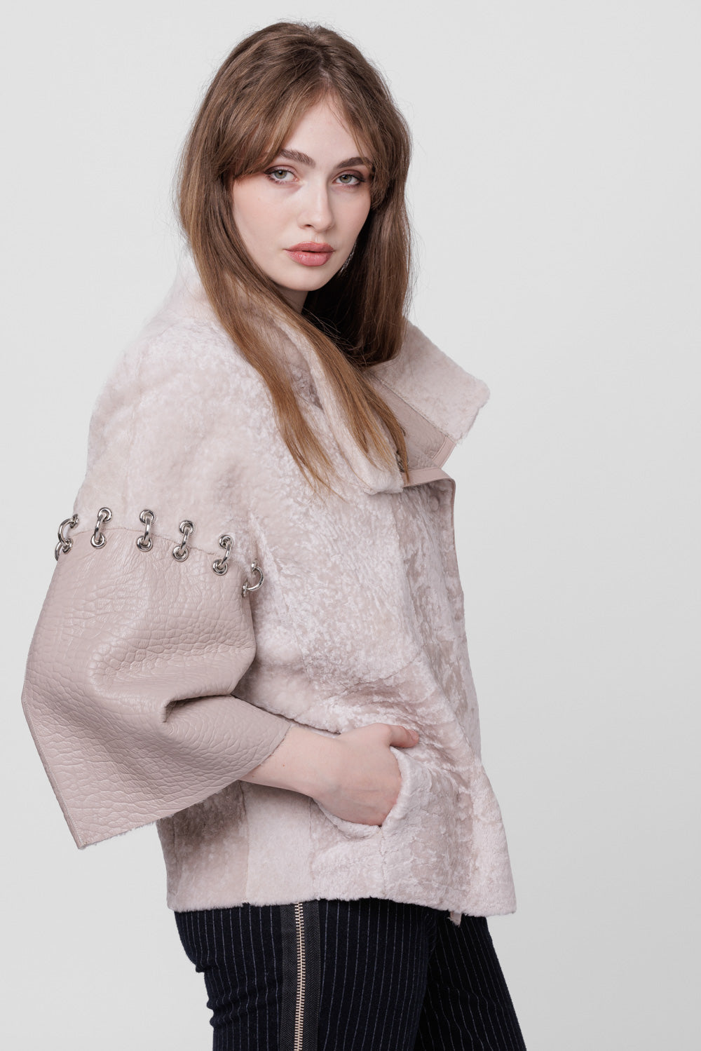 Poncho din Piele si Blană Naturală Shearling, Femei, Pearl 300 Mareus