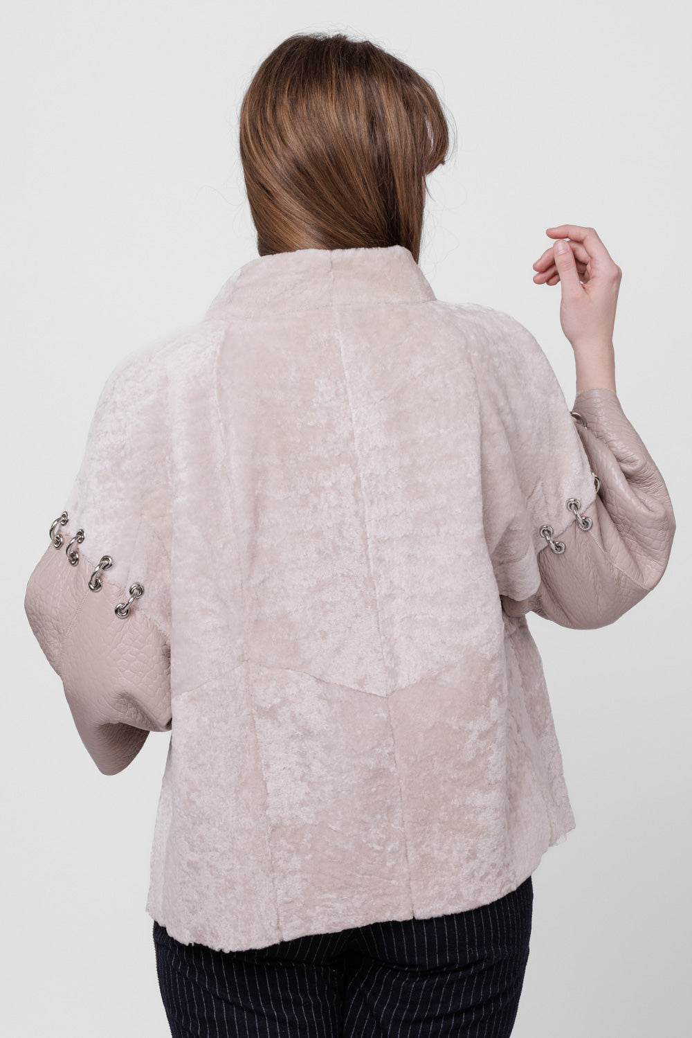 Poncho din Piele si Blană Naturală Shearling, Femei, Pearl 300 Mareus