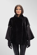 Poncho din Piele si Blană Naturală Shearling, Femei, Obsidian 299 Mareus