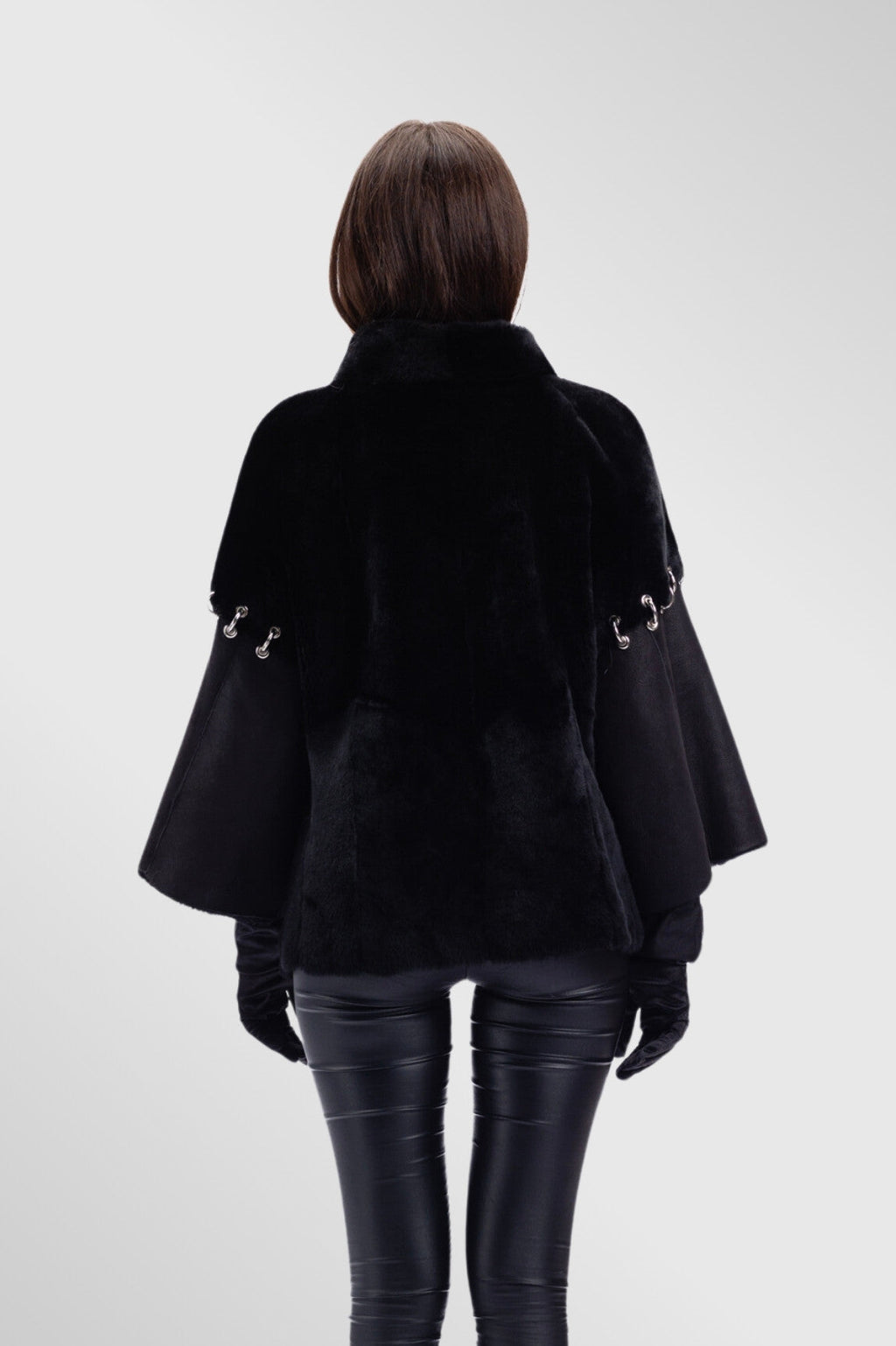 Poncho din Piele si Blană Naturală Shearling, Femei, Obsidian 299 Mareus