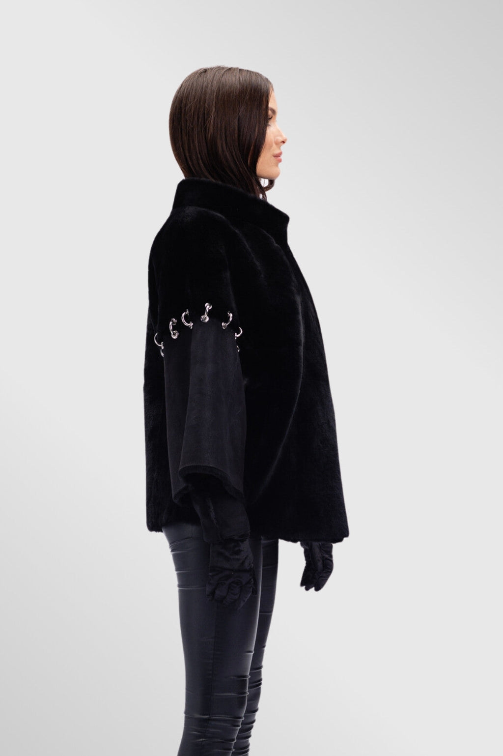 Poncho din Piele si Blană Naturală Shearling, Femei, Obsidian 299 Mareus