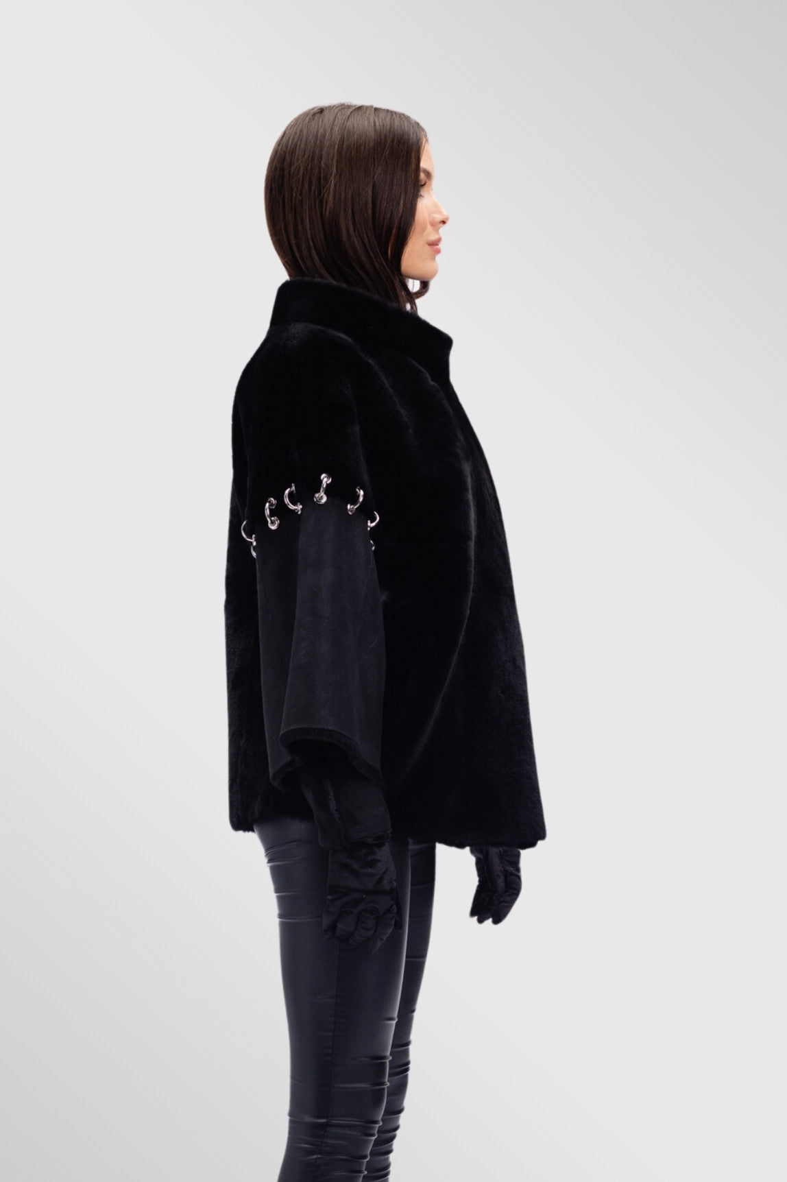 Poncho din Piele si Blană Naturală Shearling, Femei, Obsidian 299 Mareus