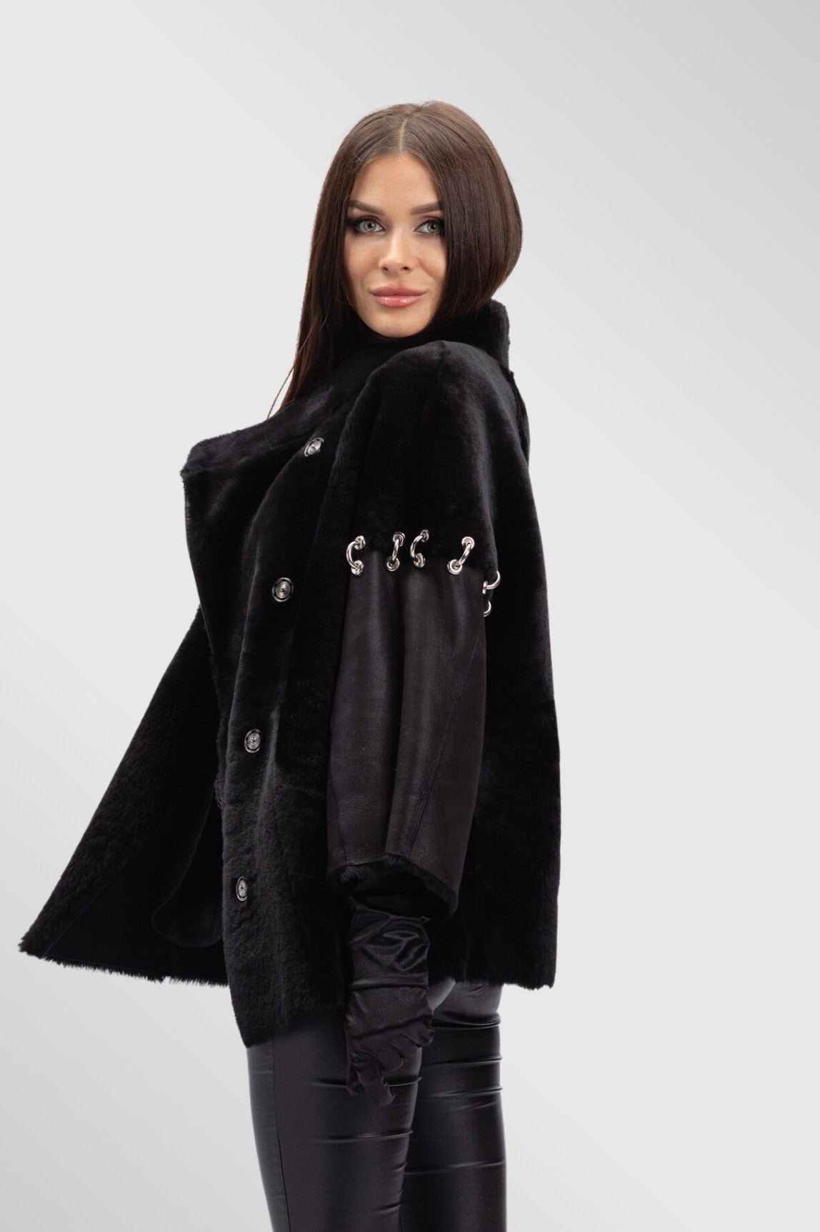 Poncho din Piele si Blană Naturală Shearling, Femei, Obsidian 299 Mareus