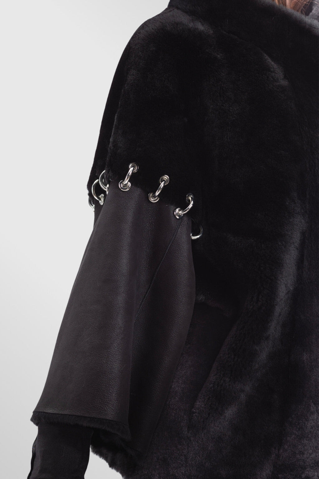 Poncho din Piele si Blană Naturală Shearling, Femei, Obsidian 299 Mareus