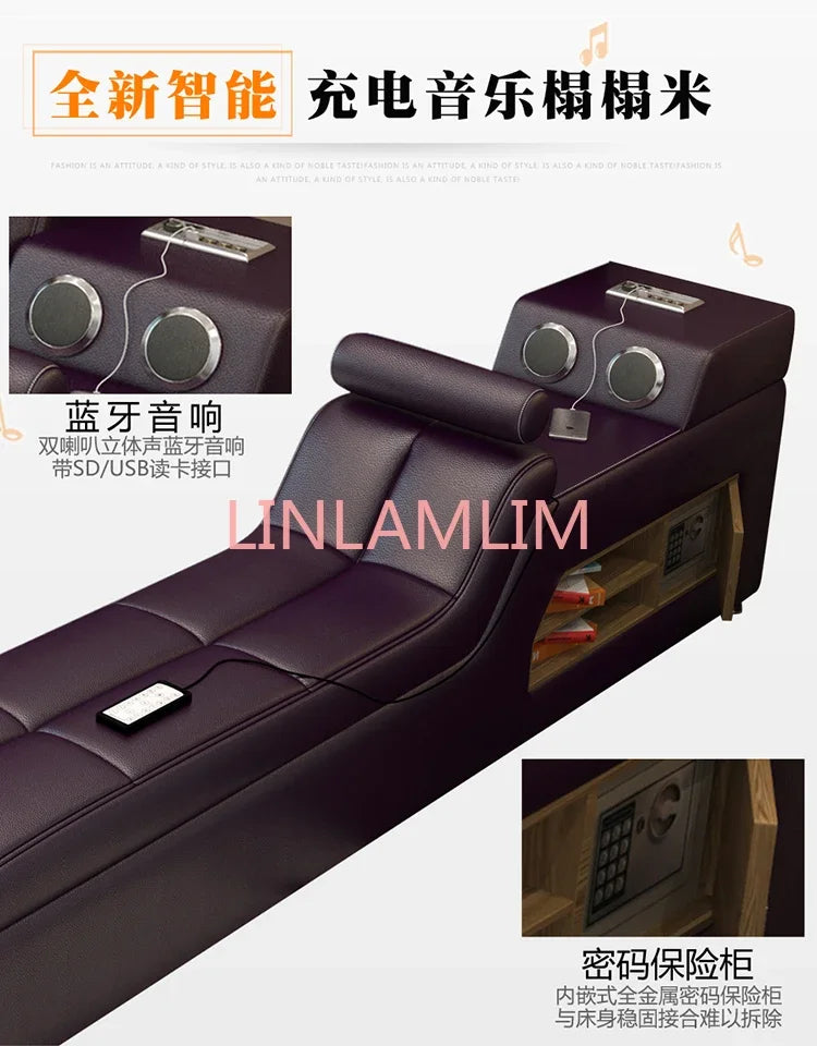 Genuine leather bed frame Soft Beds massager storage safe speaker LED - Cart2u.ro