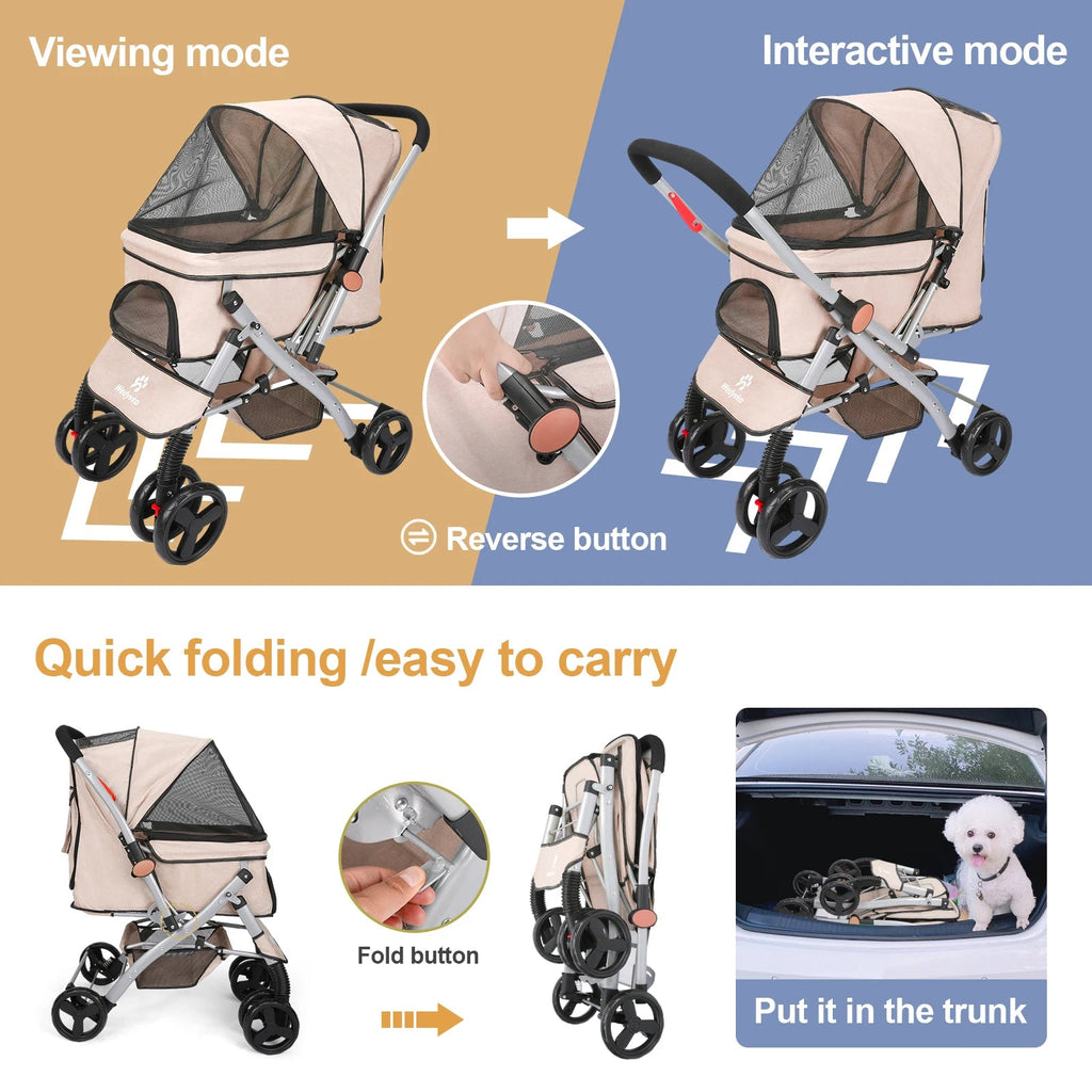 Foldable Cat Dog Stroller  Detachable  Easy Assembly Pet Travel - Cart2u.ro