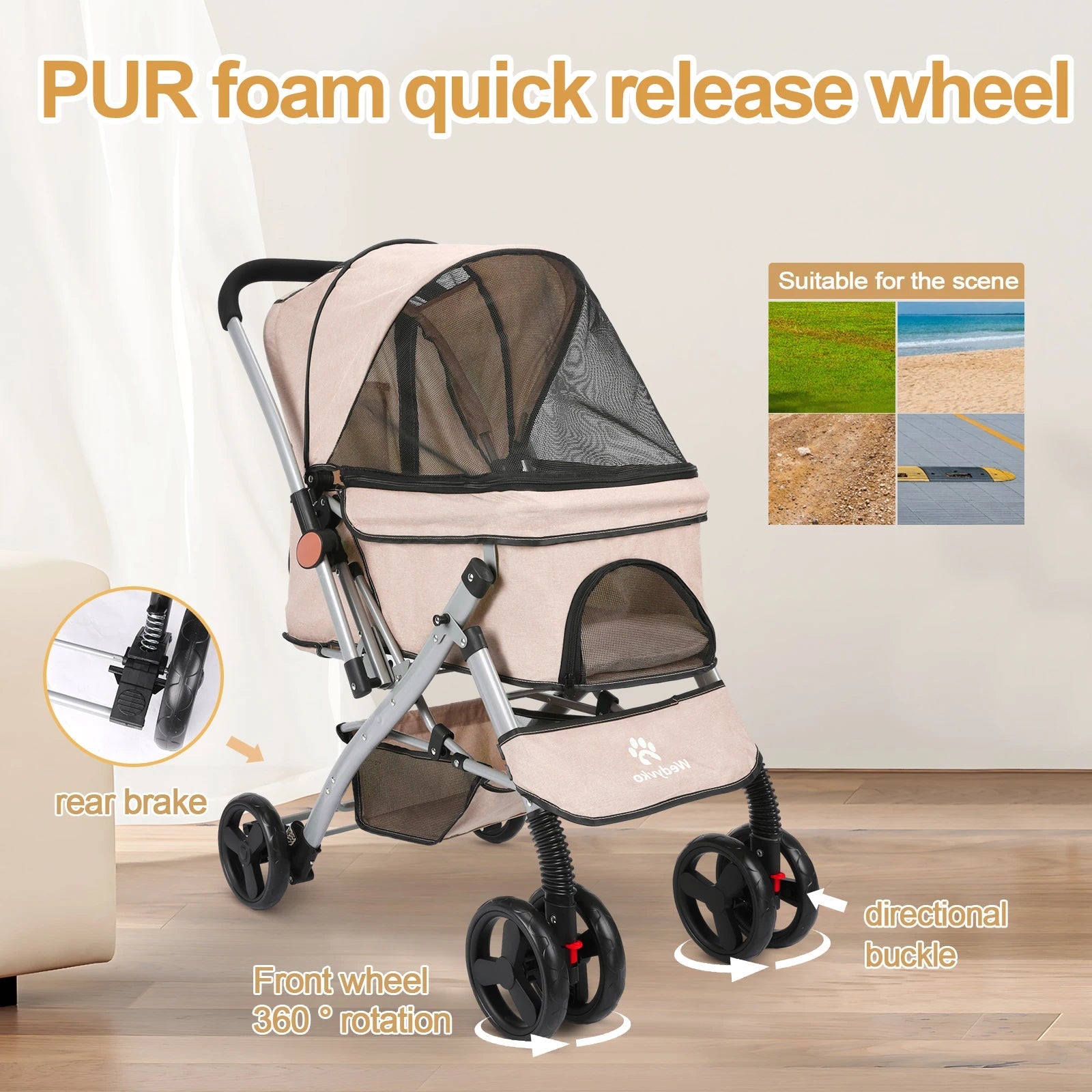 Foldable Cat Dog Stroller  Detachable  Easy Assembly Pet Travel - Cart2u.ro