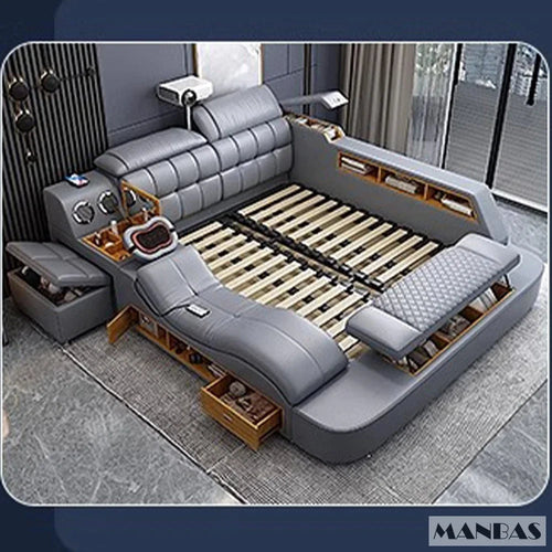 MANBAS Luxury King Size Genuine Leather Bed / Tech Smart Bed / - Cart2u.ro