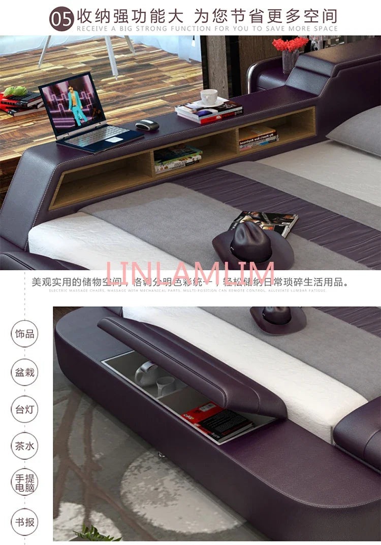 Genuine leather bed frame Soft Beds massager storage safe speaker LED - Cart2u.ro