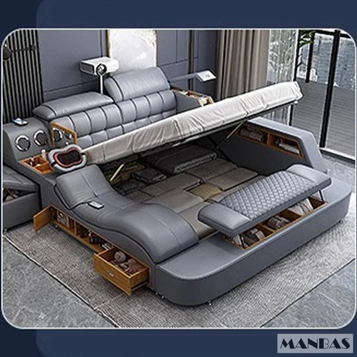 MANBAS Luxury King Size Genuine Leather Bed / Tech Smart Bed / - Cart2u.ro