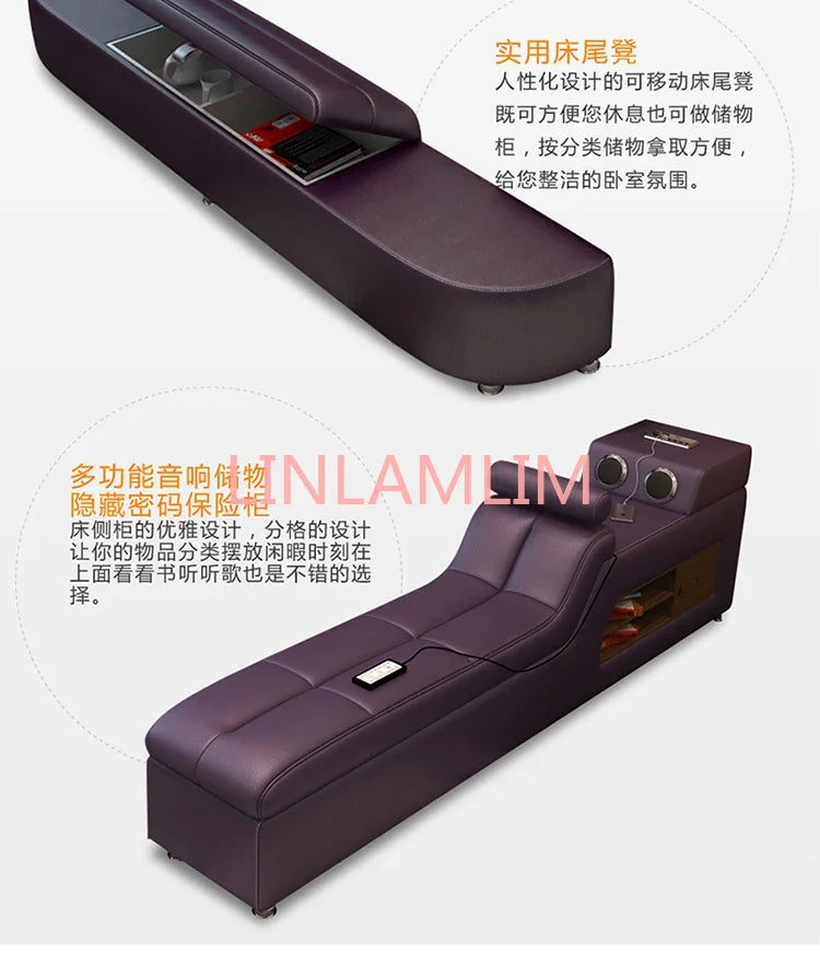 Genuine leather bed frame Soft Beds massager storage safe speaker LED - Cart2u.ro