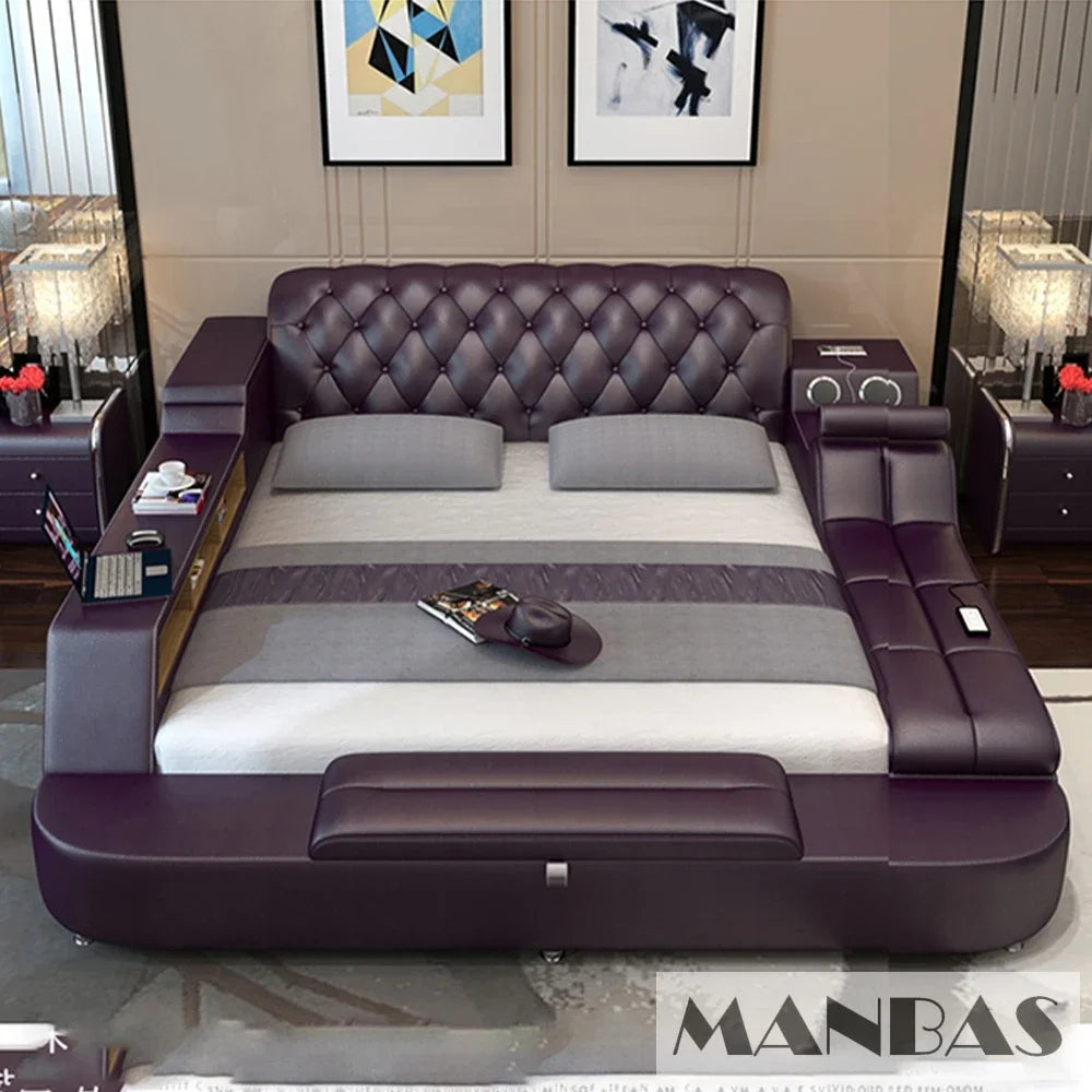 Genuine leather bed frame Soft Beds massager storage safe speaker LED - Cart2u.ro
