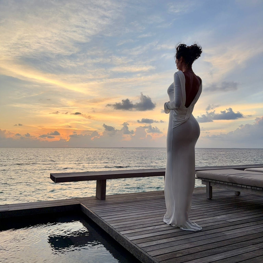 Rochie lunga alba din bumbac de cocktail cu spatele gol si drapaje Luna Carolina D