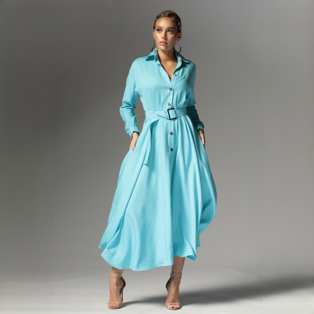 Rochie camasa bleu din in cu nasturi metalici Ingrid Baby Blue Carolina D