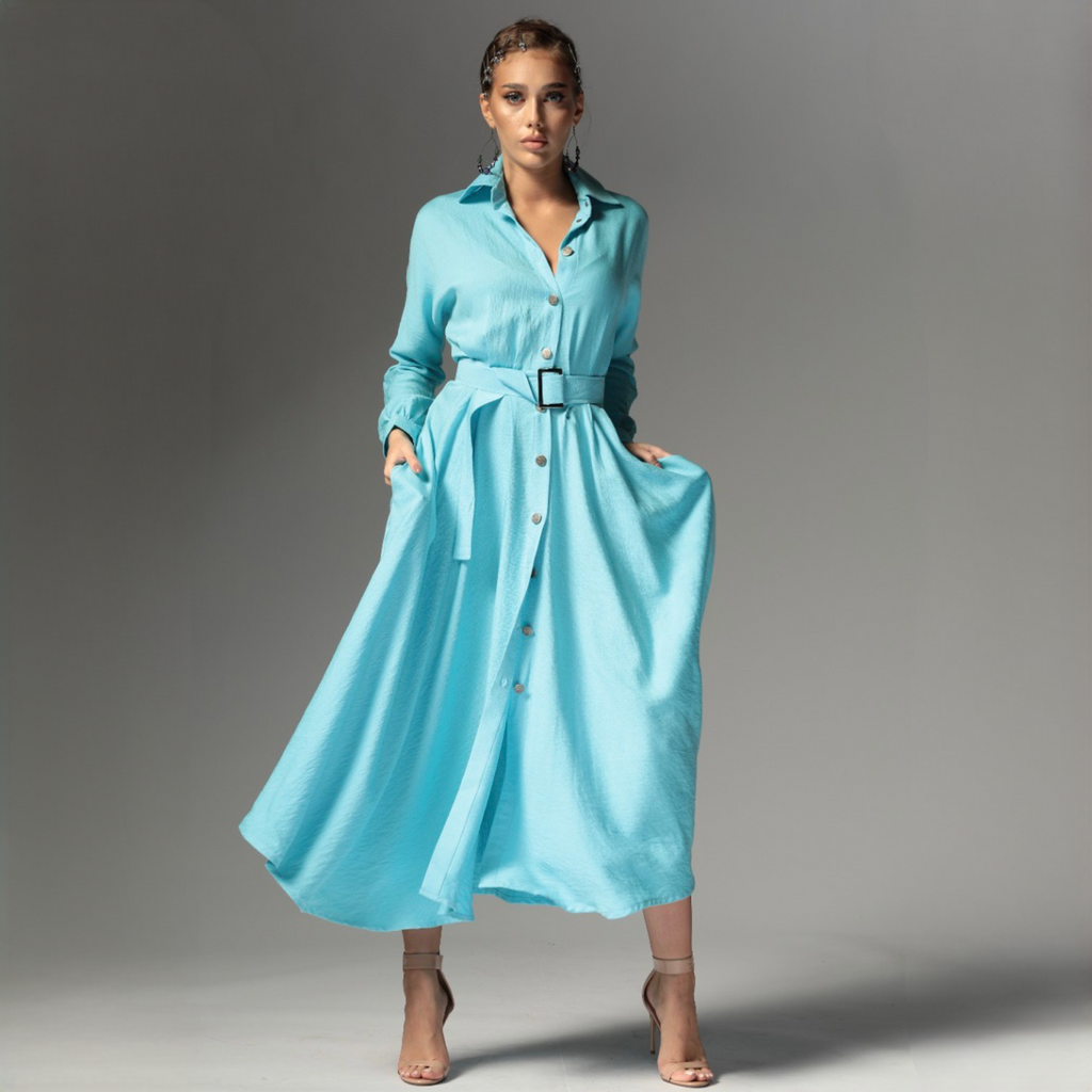 Rochie camasa bleu din in cu nasturi metalici Ingrid Baby Blue Carolina D
