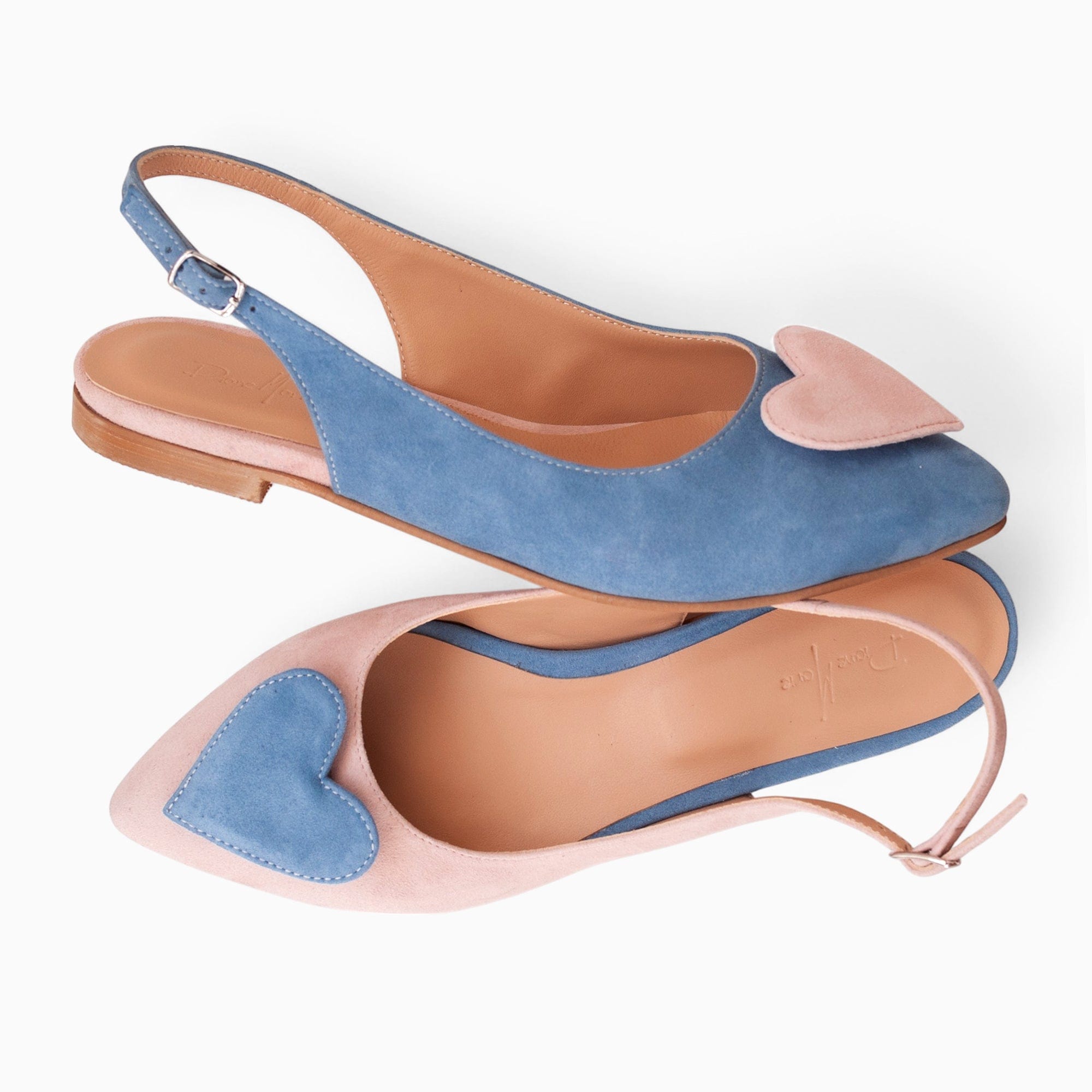 Balerini asimetrici din piele intoarsa bleu cu roz Phoenix Pantofi Diane Marie