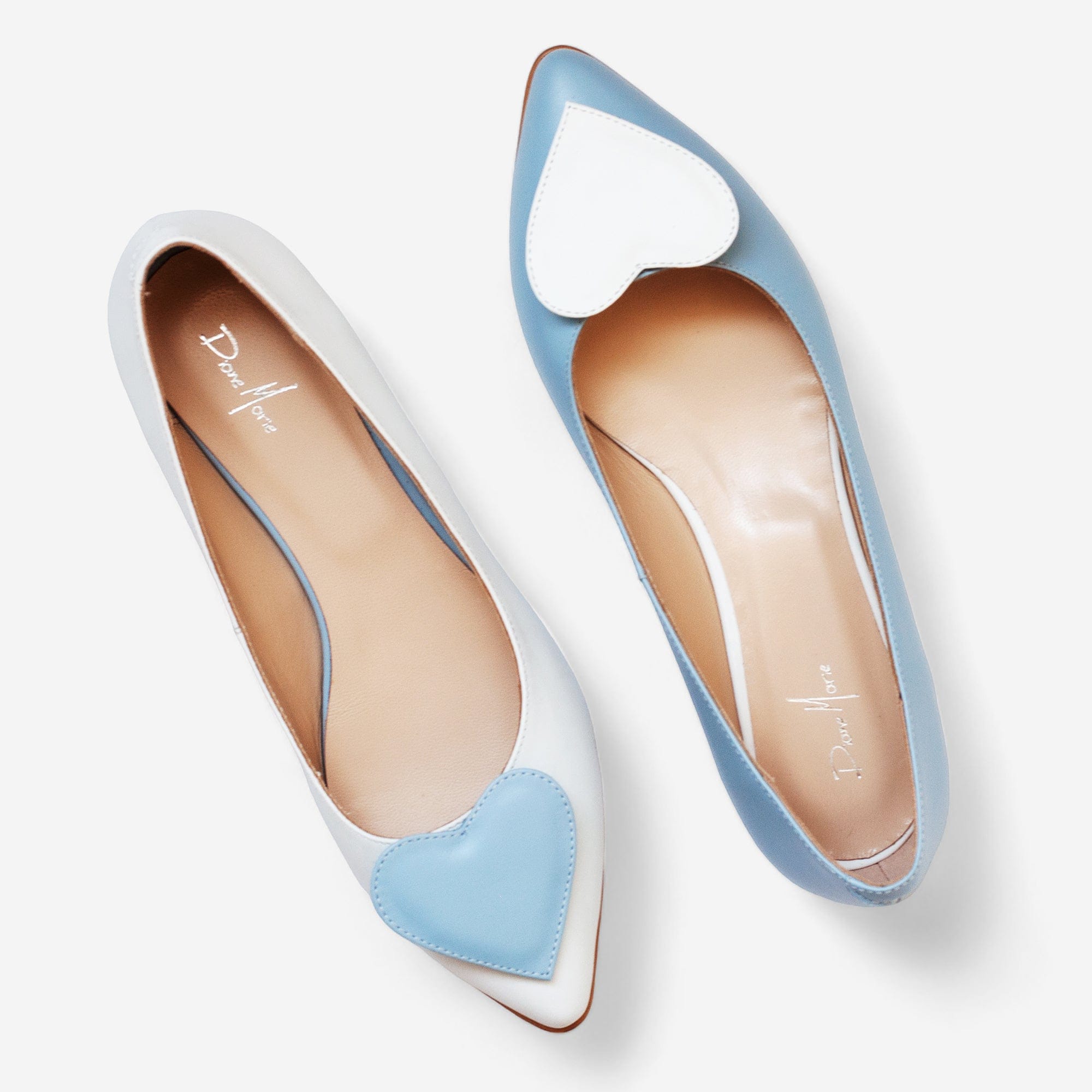 Balerini asimetrici din piele naturala bleu cu alb Megan Pantofi Diane Marie