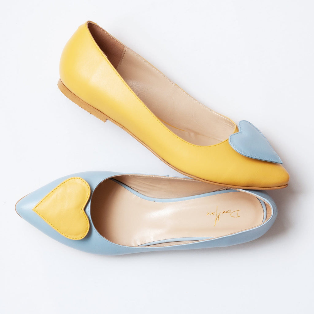 Balerini asimetrici din piele naturala bleu cu galben Chiara Pantofi Diane Marie