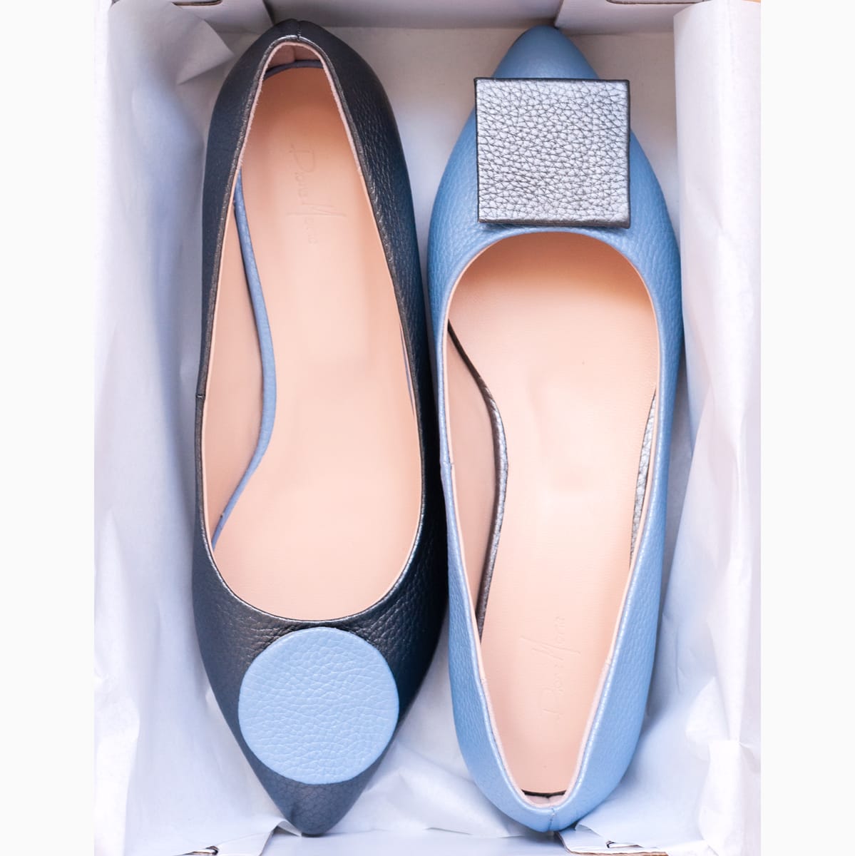 Balerini asimetrici din piele naturala gri cu bleu Opal Pantofi Diane Marie