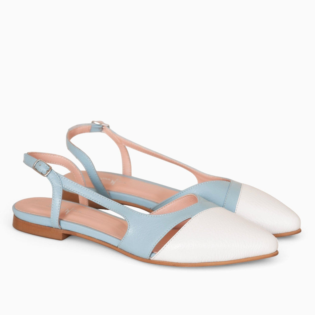 Balerini decupati din piele naturala alb cu bleu Maisie Pantofi Diane Marie