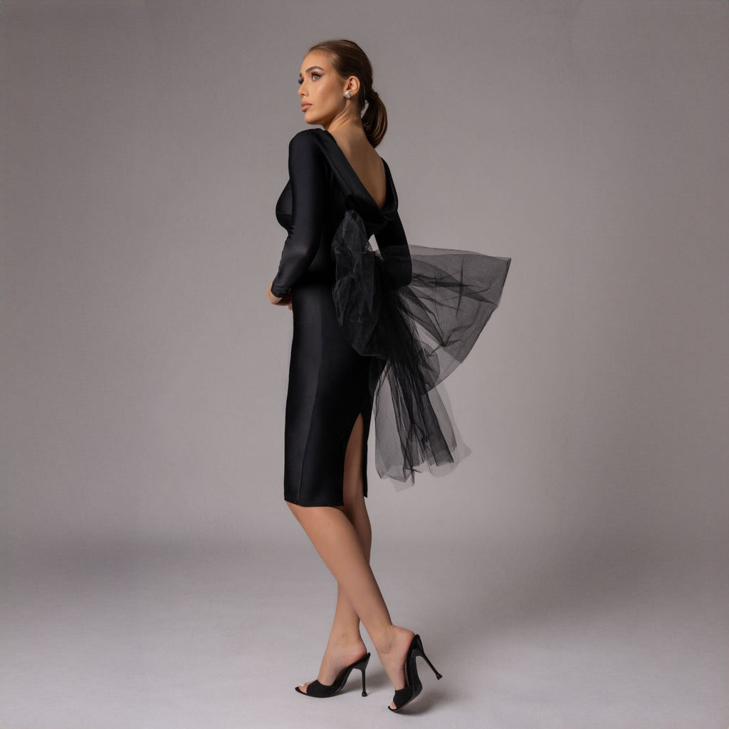 Rochie neagra midi cu funda supradimensionata din tulle Celine Carolina D