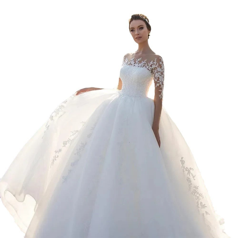 Bridal Mesh Long Sleeve Embroidered Wedding Dress - Cart2u.ro