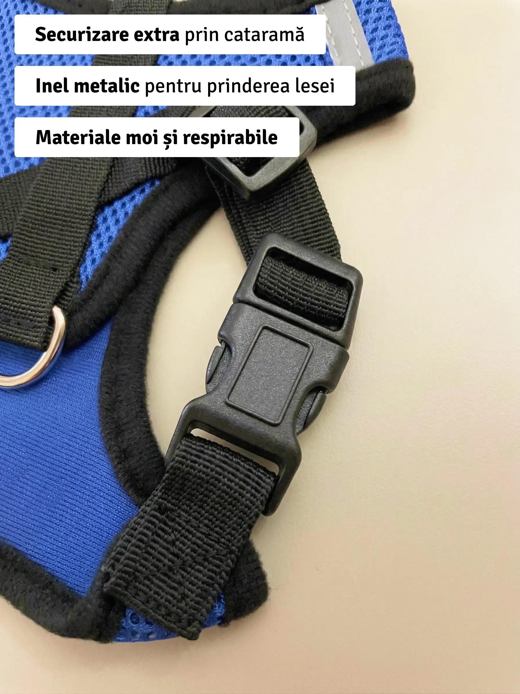 Set ham mesh respirabil pentru căței + lesă 1.5m, ajustare rapidă, albastru Petora