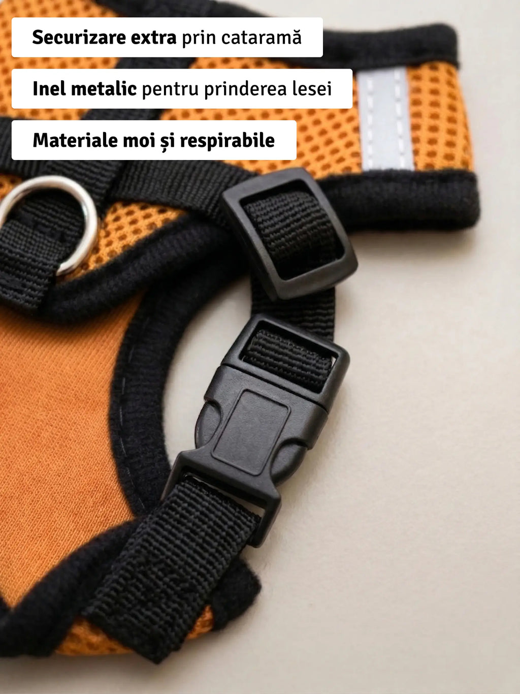 Set ham mesh respirabil pentru căței + lesă 1.5m, ajustare rapidă, galben Petora